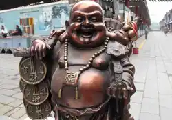 16 Тибет Буддизм Красный Бронза Медь Счастливый смех Деньги Статуи Будды Майтреи
