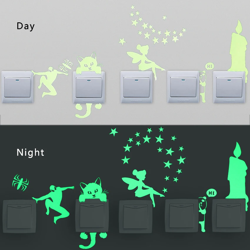 

3pcs/set Luminous Switch Sticker Glow Wall Stickers Home Decor Kids Room Decoration Sticker Decal Cat Fairy Moon Star