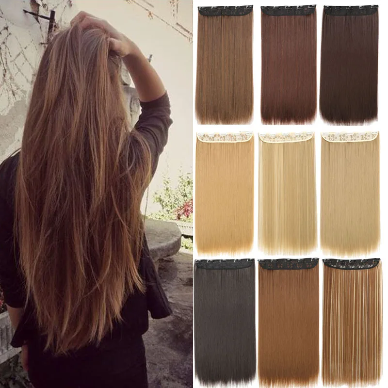 MISS WIG Blonde Synthetic Clip in Hair Extension 55cm Long Straight 5 Clip Hairpiece Heat Resistant Black Brown Color+