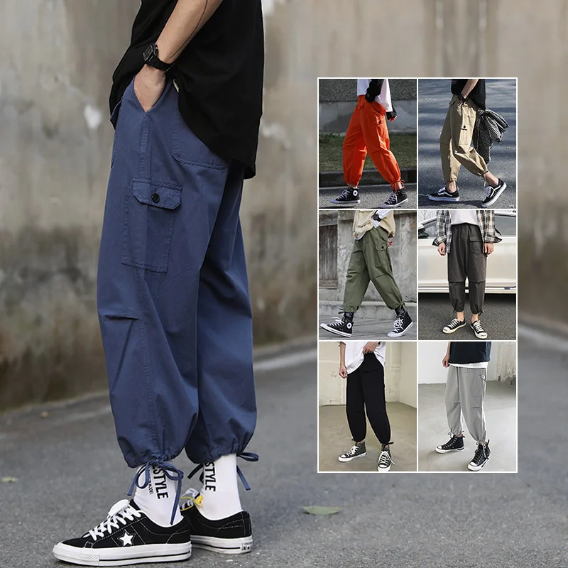 

2019 Summer Man Wide Leg Work Clothes Nine Part Leisure Time Pants Male military sweatpants Chinese Style Black M-5XL