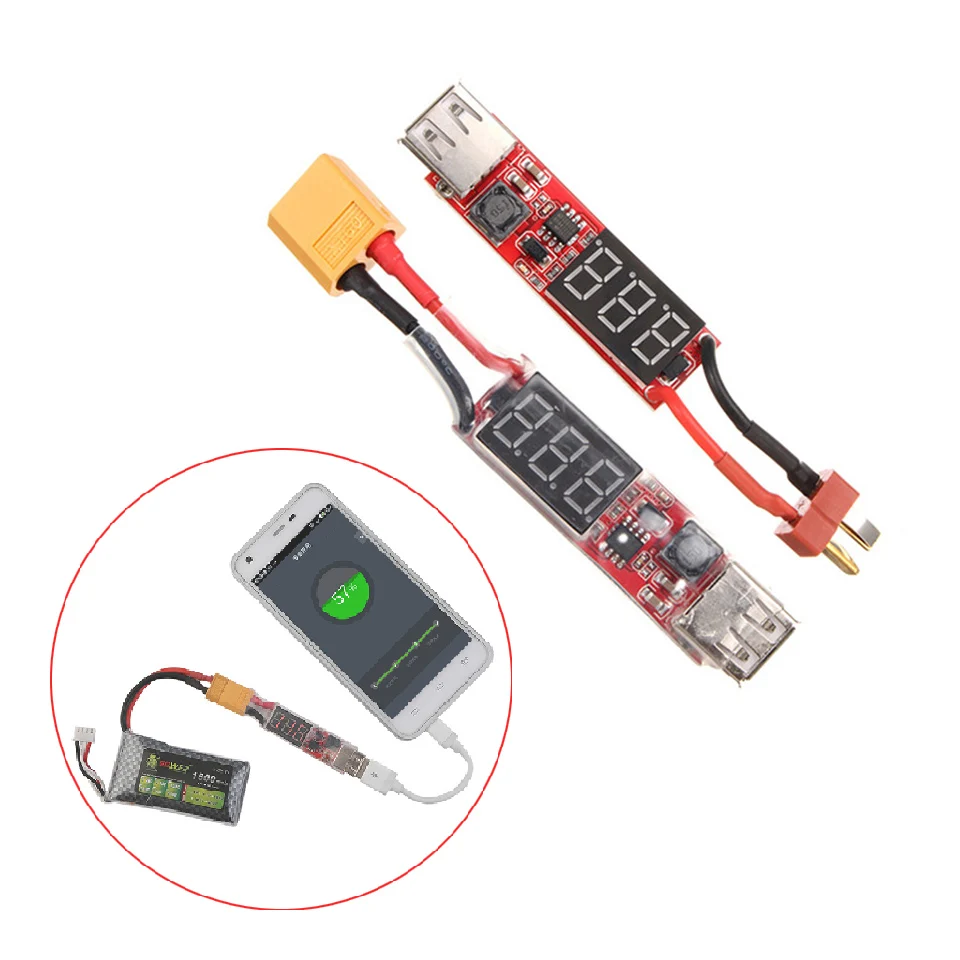 

T XT60 Plug 2-6S LiPo Battery to USB Converter Digital Display LiPo Connector Power Bank Adaptor 5V 2A for Mobile Phone USB Fans