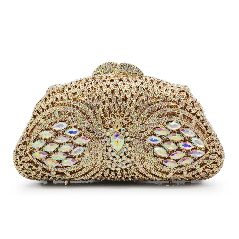 Gift Box GOLD Colors Crystal Metal Clutches Hard Case Bridal Evening
