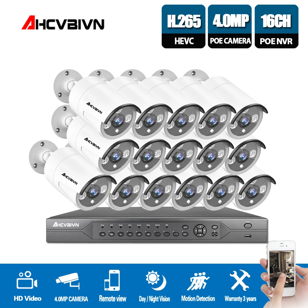 

HD H.265 4.0MP POE Security Camera CCTV System 16CH NVR, 16pcs 2592*1520 IP Camera Outdoor Day/Night View Surveillance Kit