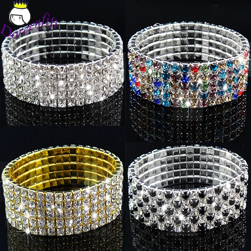 

4Colors CZ Gold Plated Clear Black Colorful Stretchy Bracelet Bangles for Women Engagement Wedding Bridal Party Jewelry Pulsera