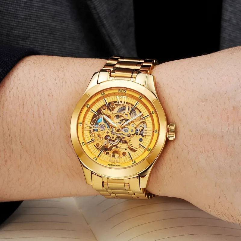 BOS Скелет автоматические часы механические Черный Нержавеющая сталь Водонепроницаемый роскошные часы Для мужчин известный бренд часы Relojes HOMBRE