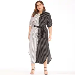 2019 весенне-осеннее женское платье с отложным воротником в стиле пэчворк в полоску, платье большого размера