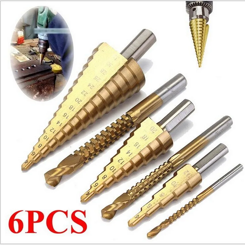 

Free shipping of 6PCS Round shank HSS4241 made straight step drill Bit core bit TIN coated cone step drill Bit det hole cutter