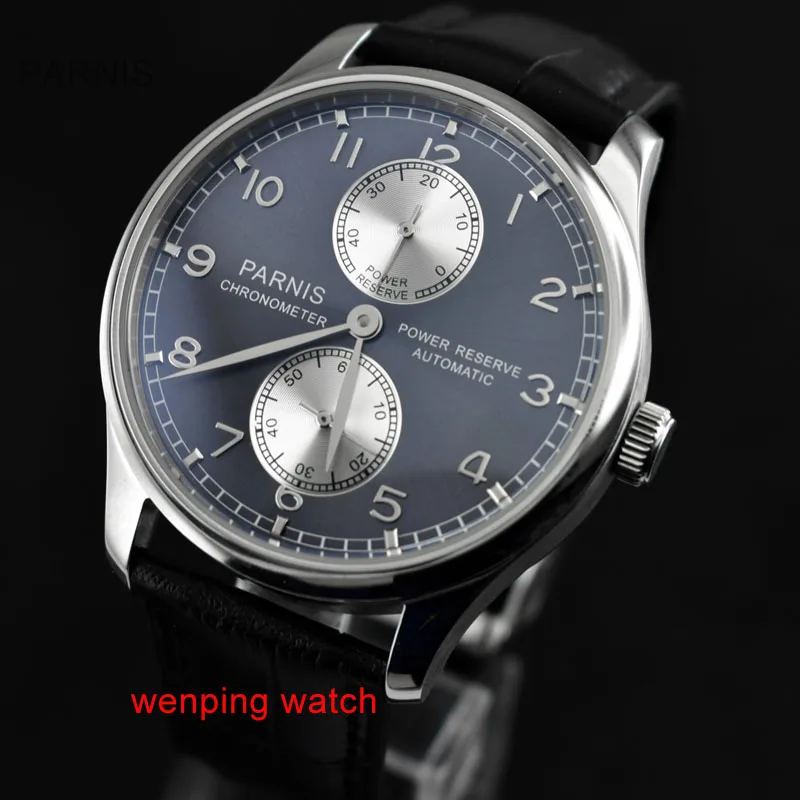 

Parnis blue dial Silver small seconds Style Power Reserve automatic ST2542 movement 43mm mens Watch E430