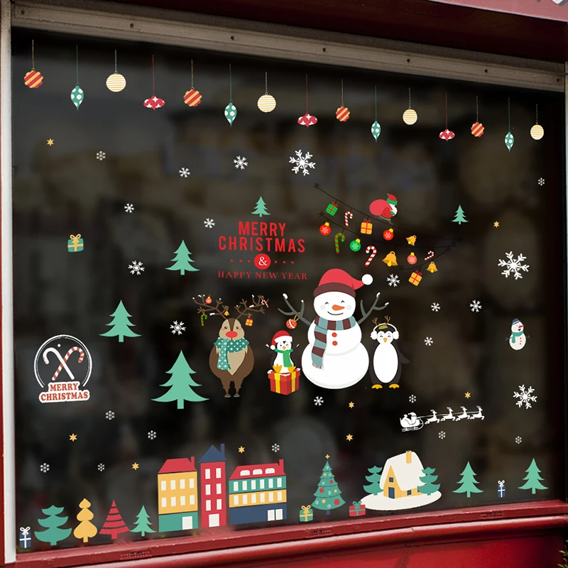 Наклейки на стену с изображением снеговика, оленя, дома, гостиной, Рождества, украшения для Витрины Магазина, стекло, ПВХ, Декор, Рождественский Санта-Клаус, наклейки