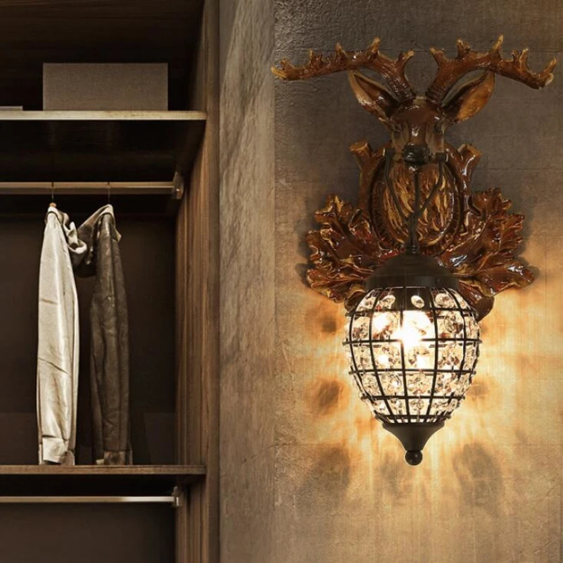  Nordic Crystal Wall Lamps Deer Head Lamp Bedroom Dining Room Bar Cafe Light Home Vintage Decoration - 32943725309