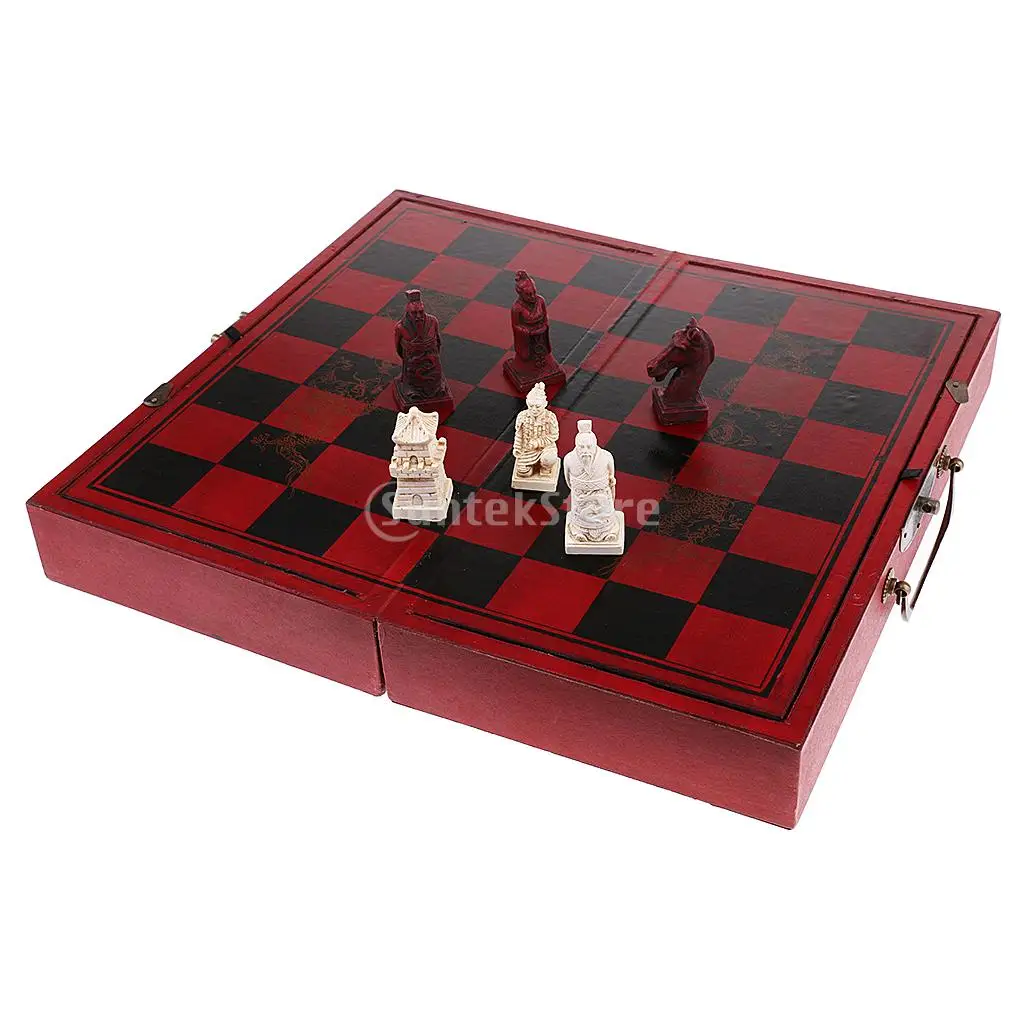 

High-end Chinese Style Chess Wooden Folding Chessboard Terracotta Warriors Pieces Set Collectibles Souvenir Handicraft Gift