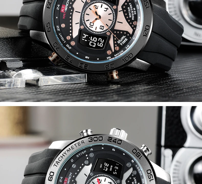 KAT-WACH Черное золото часы двойной время указатель второй спортивные часы для плавания Роскошные брендовые светодио дный цифровые часы армии KT714