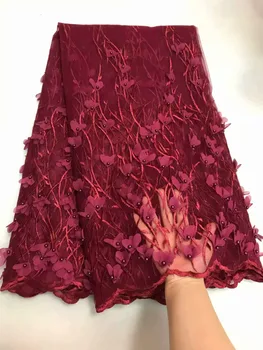 

Pink High Quality African Lace Fabric Nigerian 3D Tulle Embroidered With Beads French Laces Fabric Red For Woman Wedding Dress