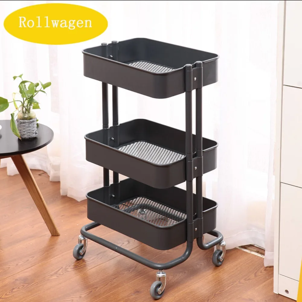 

(Ship from EU) Home Trolley Cart Storage Rack Trolley Sturdy Cart 3-Tiers Rolling Trolley for Kitchen bedroom living room