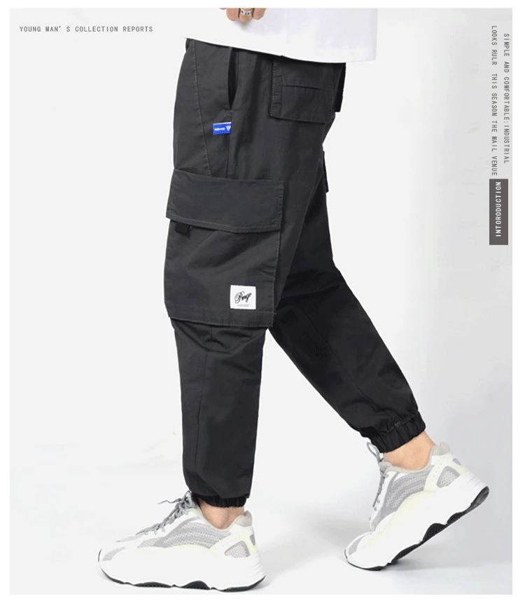 Color Block Pockets Cargo Harem Ribbon Pants Mens Casual Joggers Baggy Tactical Trouser Harajuku Streetwear Hip Hop Fashion Male