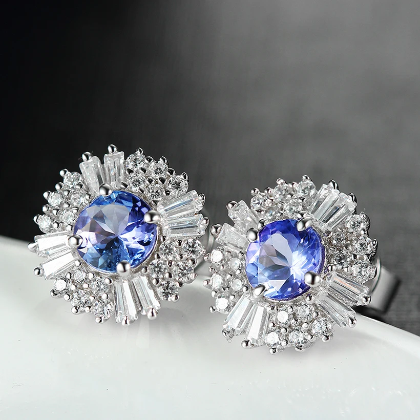 

925 Sterling Silver Stud Earrings Natural Blue Tanzanite Diamond Fine Jewelry Sunflower Shape Women Ear Studs Christmas Gift