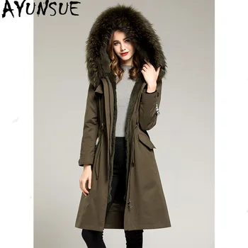 Online AYUNSUE NatĂŒrliche Kaninchen Pelz Liner Parka Frauen Lange Graben Mantel 2020 Herbst Winter Jacke Frauen WaschbĂ€ren Pelz Kragen Mantel MY3539