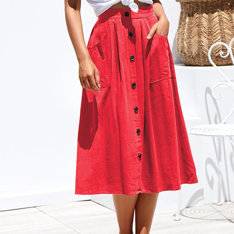 

Summer Skirts for Women 2019 Sexy Casual Button Solid color beach skirts High Waist Hip With Pocket Long Skirt faldas mujer moda