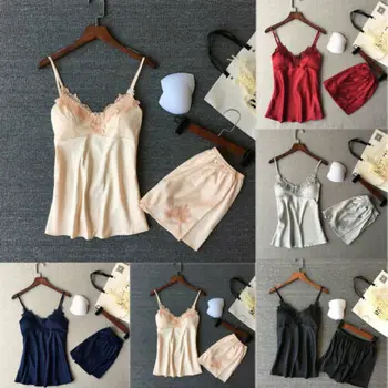 

2019 Women's Sleepwear Sexy Satin Lingerie Satin Silk Lace V-Neck Pyjamas Sleeveless Cute Cami Top and Shorts Sling Pyjamas Set