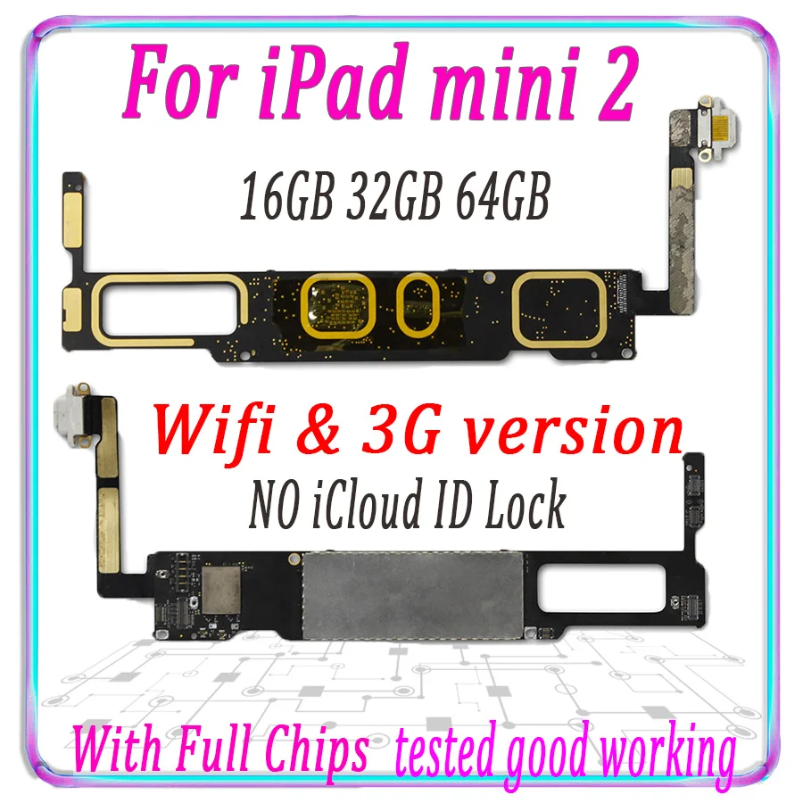 

Original Unlocked Motherboard For iPad mini 2 Mainboard WIFI 3G For Free iCloud Logic Board With Full chips 16GB 32GB 64G