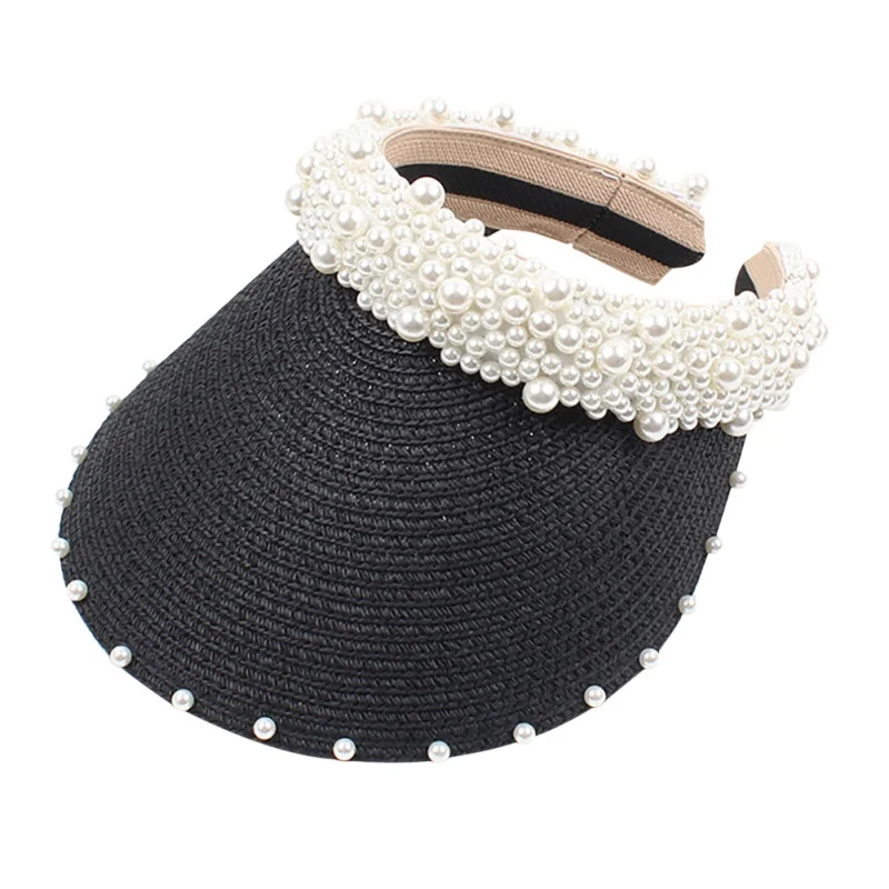 Summer Women Pearl Headband Hat Raffia Visor Caps For Girls Beach Hats Braided Fashion Cap Lady Summer Straw Sun Hat New