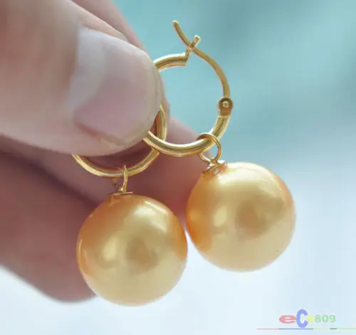

00 FREE SHIPPING d**P3807 16mm yellow round SOUTH SEA SHELL PEARL DANGLE EARRING
