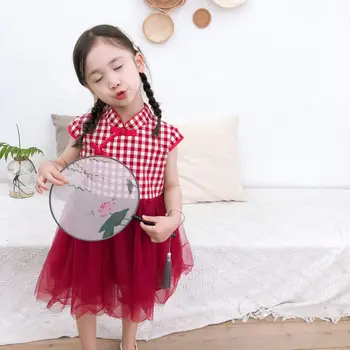 

New Child Traditional Chinese Dance Costumes Red Cheongsam National Costume Fairy Dress Kids Tang Suit Folk Dance Wear DQS2352