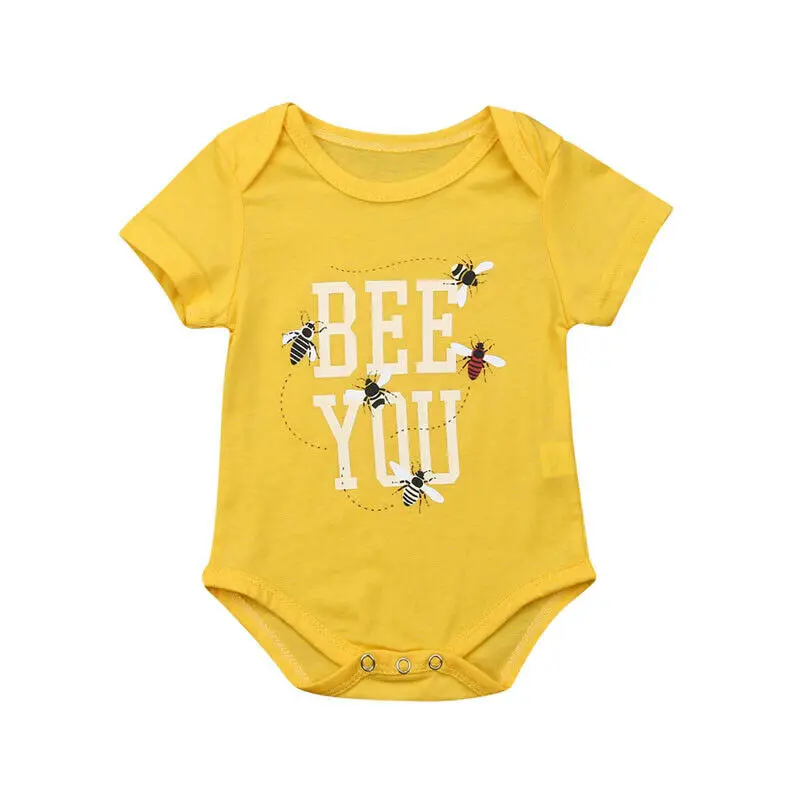 Комбинезон для новорожденных мальчиков и девочек с буквенным принтом, короткий рукав, пчела, цельный комбинезон, Летний комбинезон, одежда желтого цвета