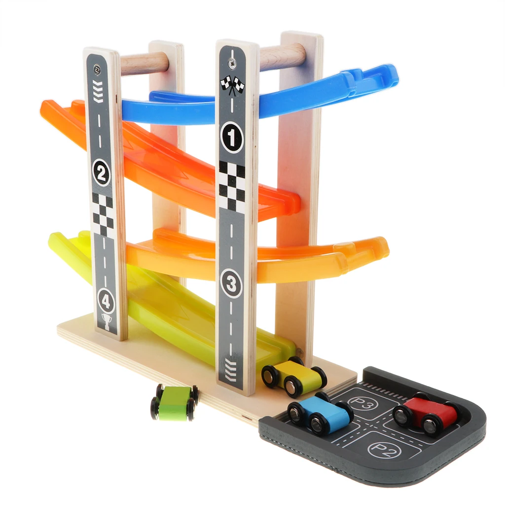 Wooden Inertial 4-Layer Colorful Ramp Race Track & Racing Car Playset Wooden Toy Baby Fine Motor Skill Developmental