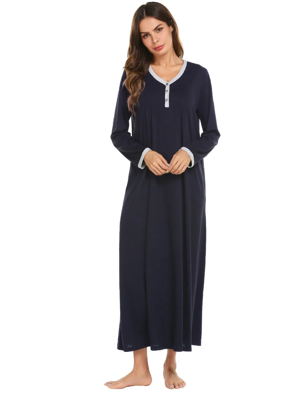 Ekouaer Длинная сорочка, платье для сна одежда для сна, для отдыха платье для сна Для женщин Повседневное с О-образным вырезом с длинным рукавом спереди плиссированные ночная рубашка