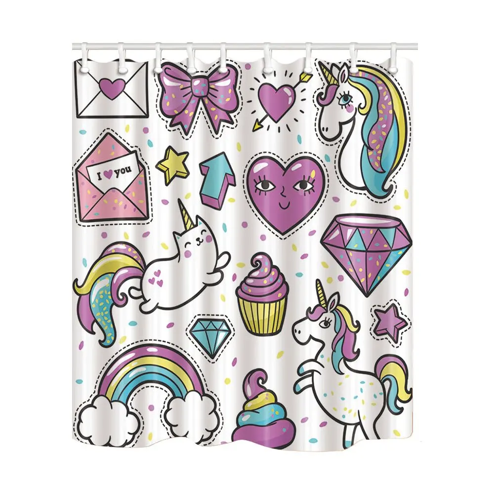 

Kids Decor Cartoon Unicorns Hearts Cats Rainbow and Bow Tie Girls Mildew Resistant Shower Curtains Bathroom Shower Curtain Hooks