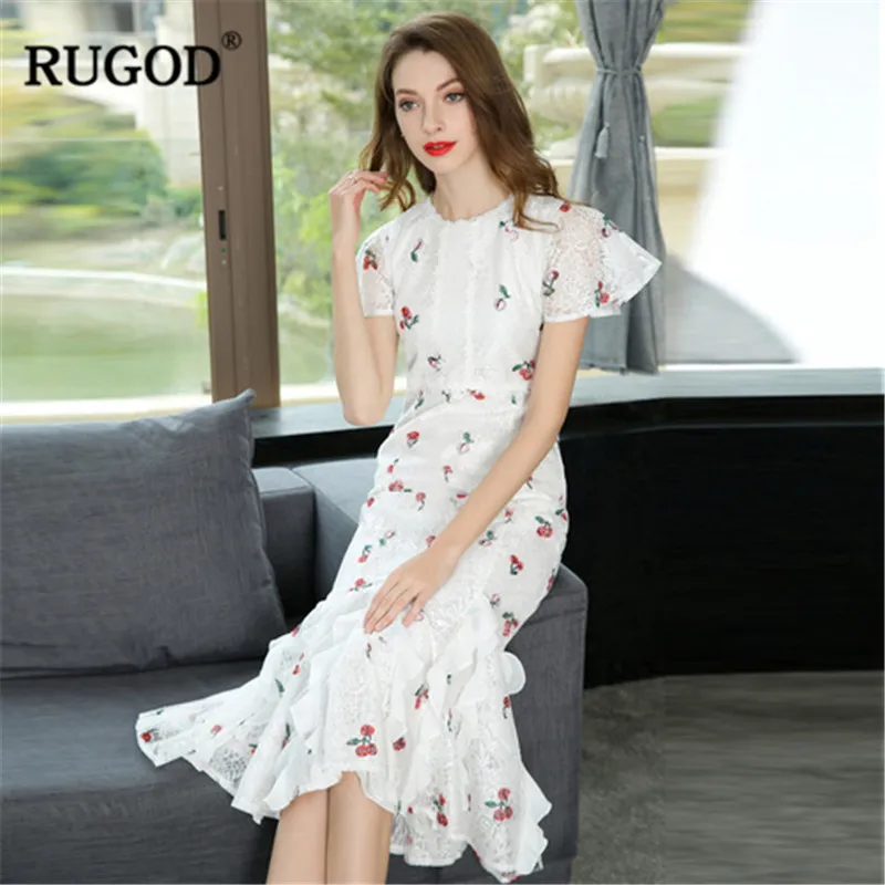 

RUGOD Women White Sweet Print dress 2019 summer maxi dress round neck short sleeve dress Slim thin clothes