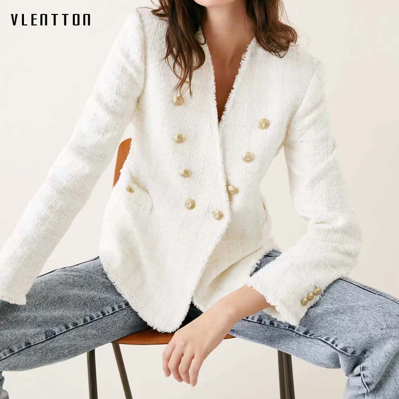 2019 Spring Plaid Office Blazer Women Double Breasted Tassel Tweed Blazer Feminino V- Neck Long Sleeve Women's Jackets Outerwear 2019 Spring Plaid Office Blazer Women Double Breasted Tassel Tweed Blazer Feminino V- Neck Long Sleeve Women's Jackets Outerwear