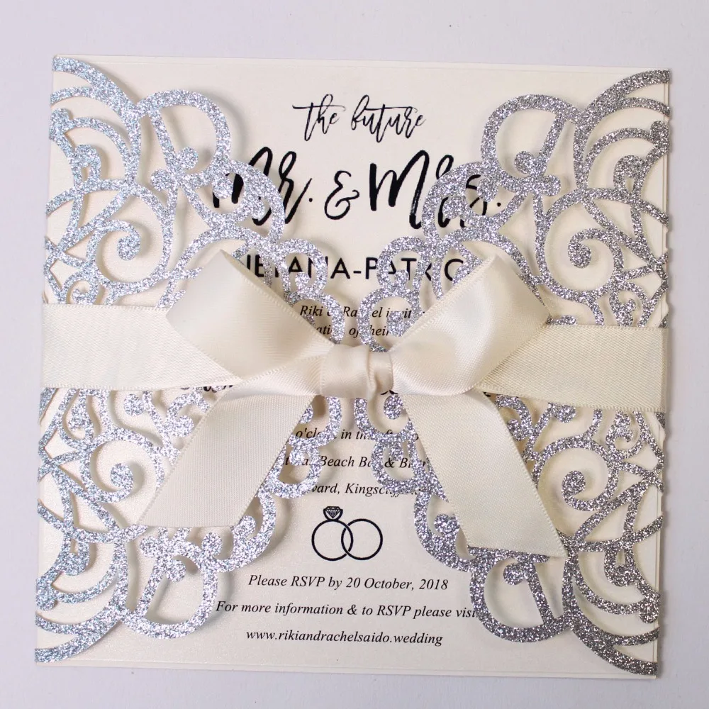 Luxury Laser cutting Invitation Card With White Ribbon Bow