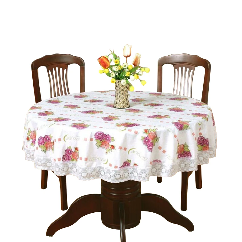  Pastoral Round Table Cloth Plastic Waterproof Oilproof Table Cover Floral Printed Lace Edge Anti Ho