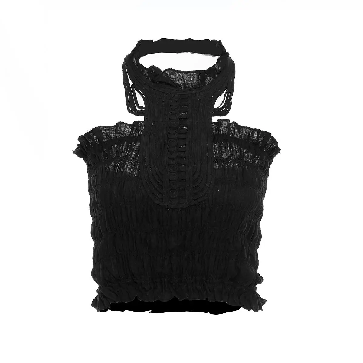 GETSPRING Women Crop Top Ruffles Sleeveless Cotton Off Shoulder Crop Tops Black Sexy Hollow Out Summer Top Women Fashion - Цвет: Black