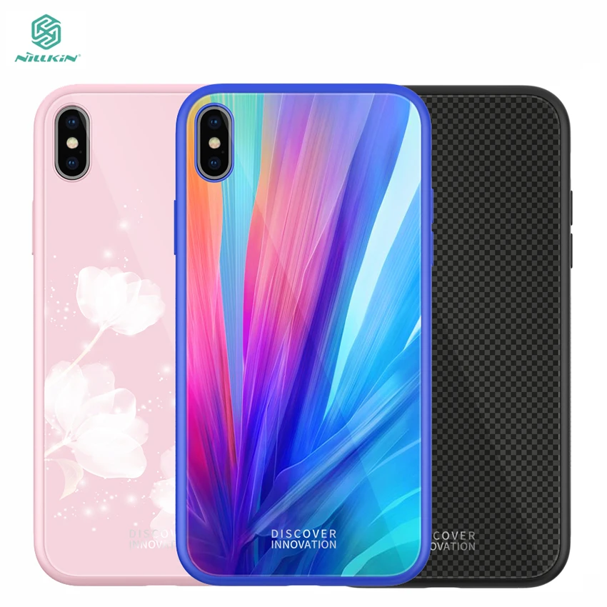 

New 2018 For iPhone XS Case Cover NILLKIN Tempered Plaid Case For iPhone XS Raised Corners 2.5D Curved Glass Full Coverage 5.8''