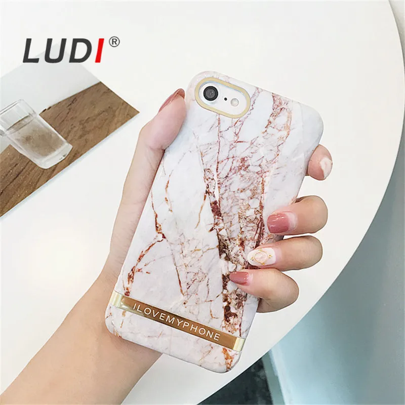 LUDI Korean Simple Metal Golden Bar Marble Case for iPhone