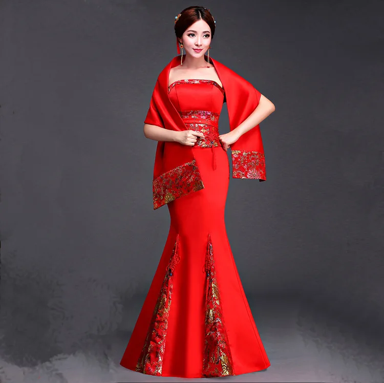 Женское традиционное китайское платье с хвостом, красное женское свадебное платье, элегантное Laday Cheongsam для вечернего платья+ палантин Qipao 89