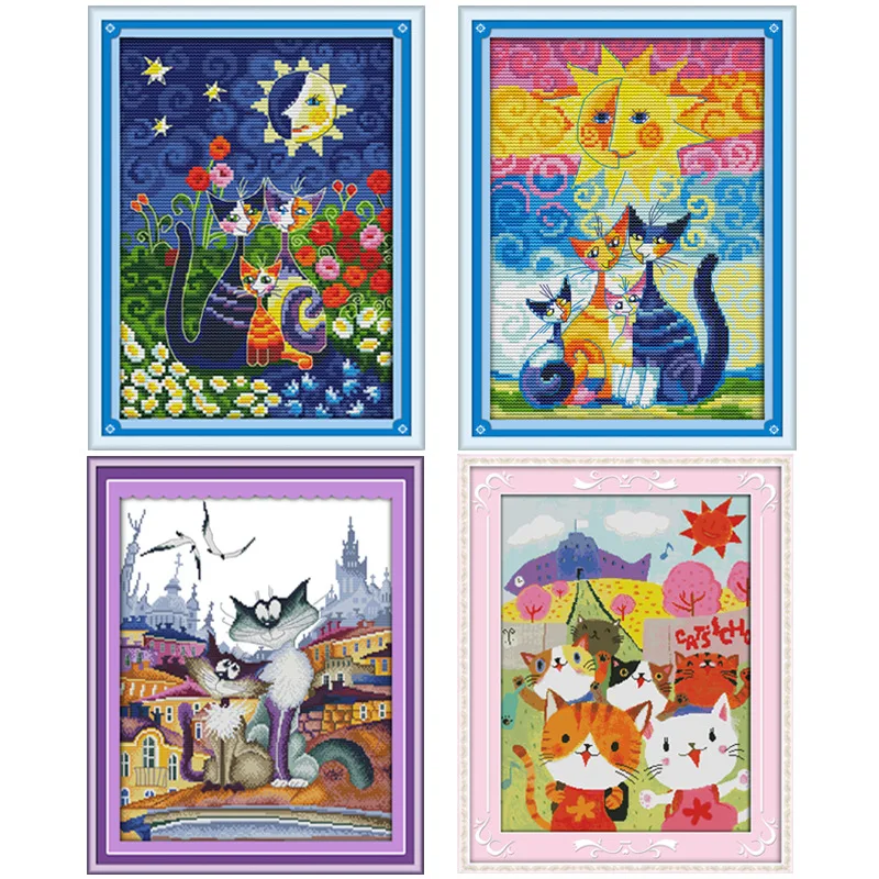 

Lovely Cartoon Cats and The Sun nauty cat DMC Counted Cross Stitch printed Cross-Stitch Kit Handmade Embroidery for Needlework