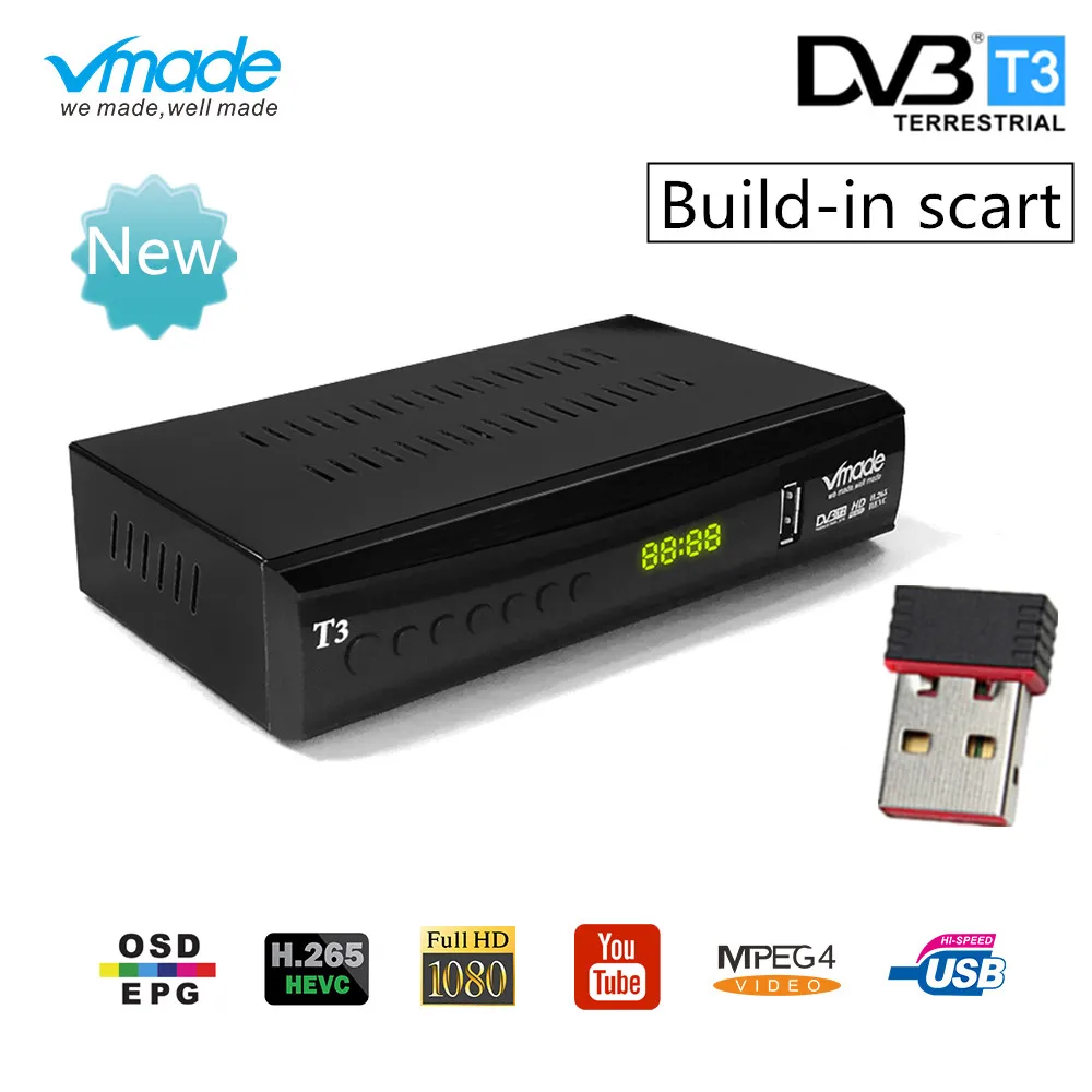

vmade DVB T2 tv box support youtube H.265 Dobly + USB WIFI DVB T3 TV tuner USB 2.0 HD Digital Terrestrial TV Receiver with scart