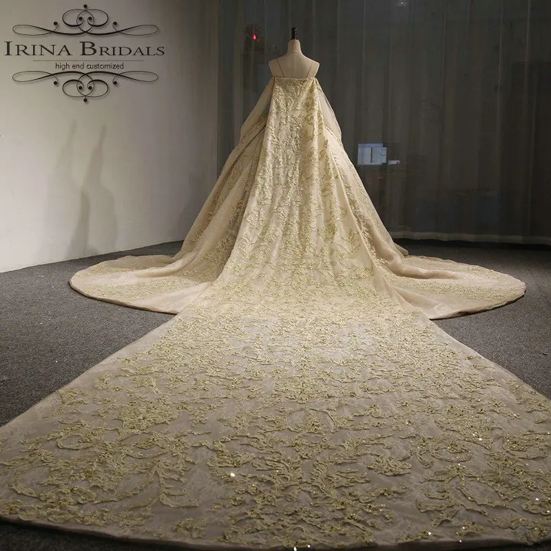 Ирина Bridals vestido de gala с плеча с длинным рукавом Кружева Аппликации Королевский свадебное платье - Цвет: Шампанское