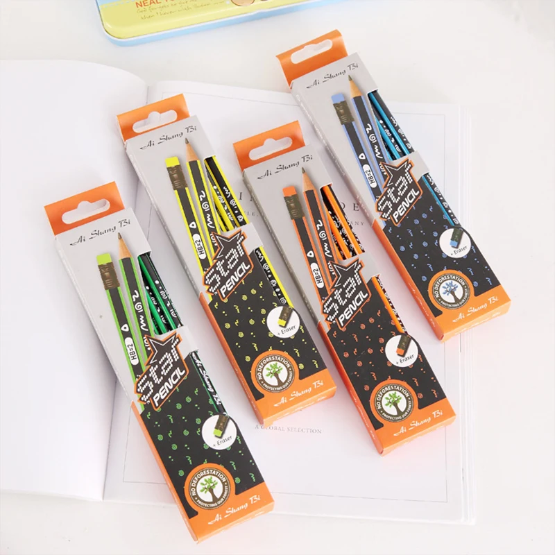 

12 pcs/lot Creative Triangular HB Standard Pencils Cute Safe Lead-free Poisonous with Eraser for Kids Students Writing Drawing