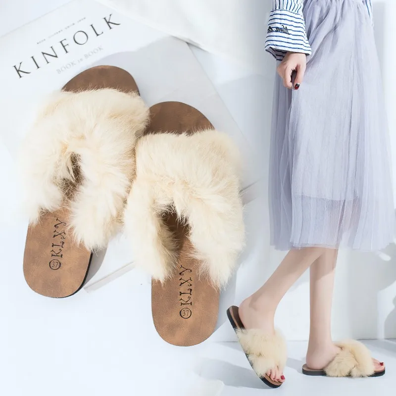 Меховые женские шлепанцы zapatos de mujer модные с перекрестными ремешками на плоской