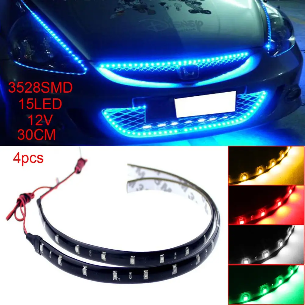 5 цветов Водонепроницаемый 4 шт 15LED 12V 30cm 3528 SMD авто Гибкая светодиодная подсветка Крытый Универсальный полоса для отделки интерьера свет