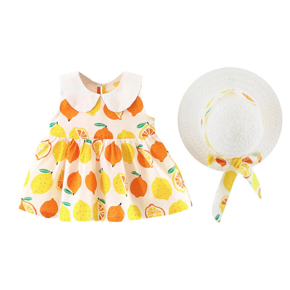 

Child Princess Dress Infant Toddler Baby Girls Fruits Floral Dress Bow Cap Beach Sundress Clothes