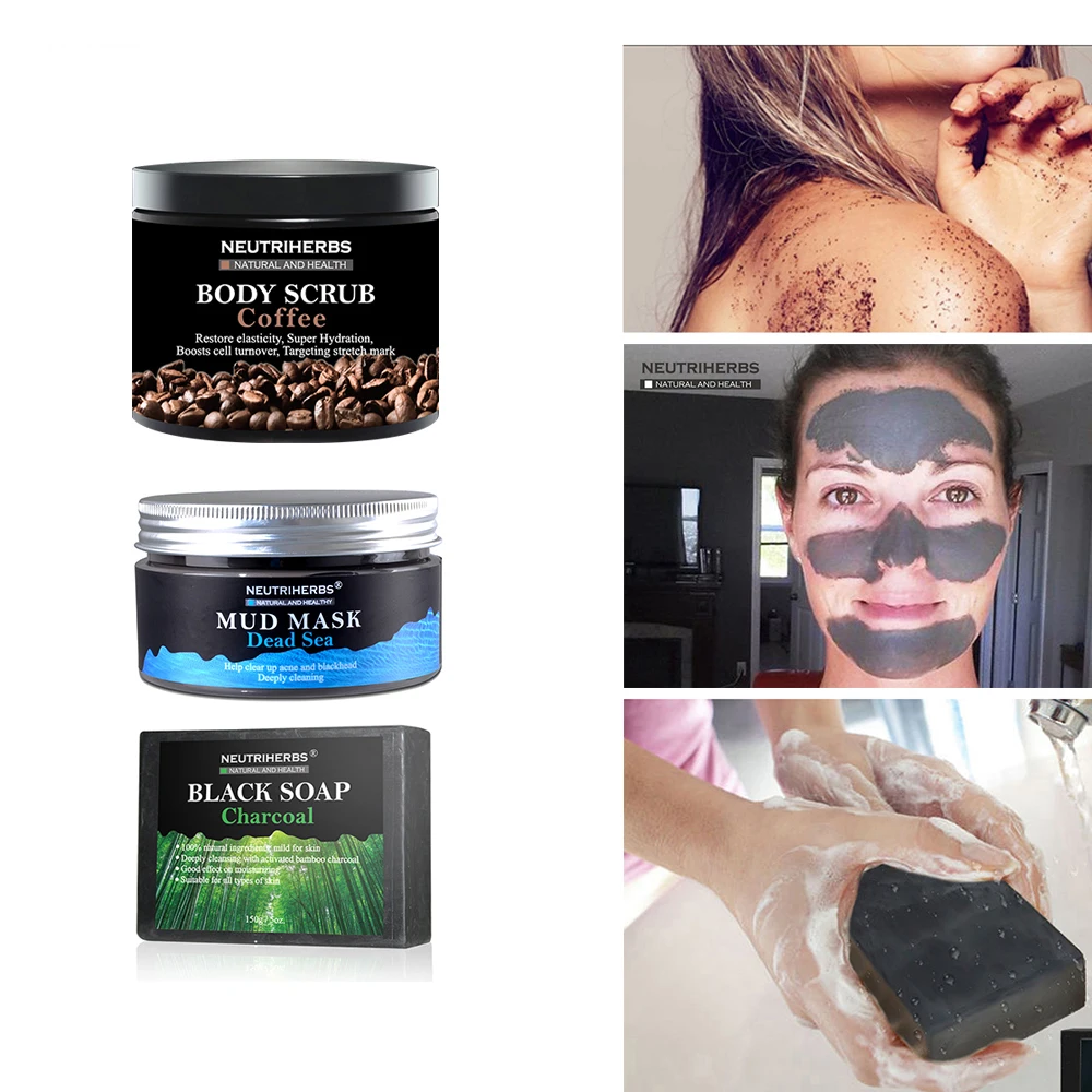 

Coconut Coffee Body Scrub Cream Whitening Charcoal Handmade Soap Dead Sea Mud Face Black Blackhead Remover 3 in 1 Set