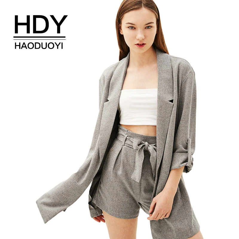 

HDY Haoduoyi Brand 2018 Women Solid Grey Casual Blazers Three Quarter Sleeve Notched Lace Up Office Lady Elegant Outwears