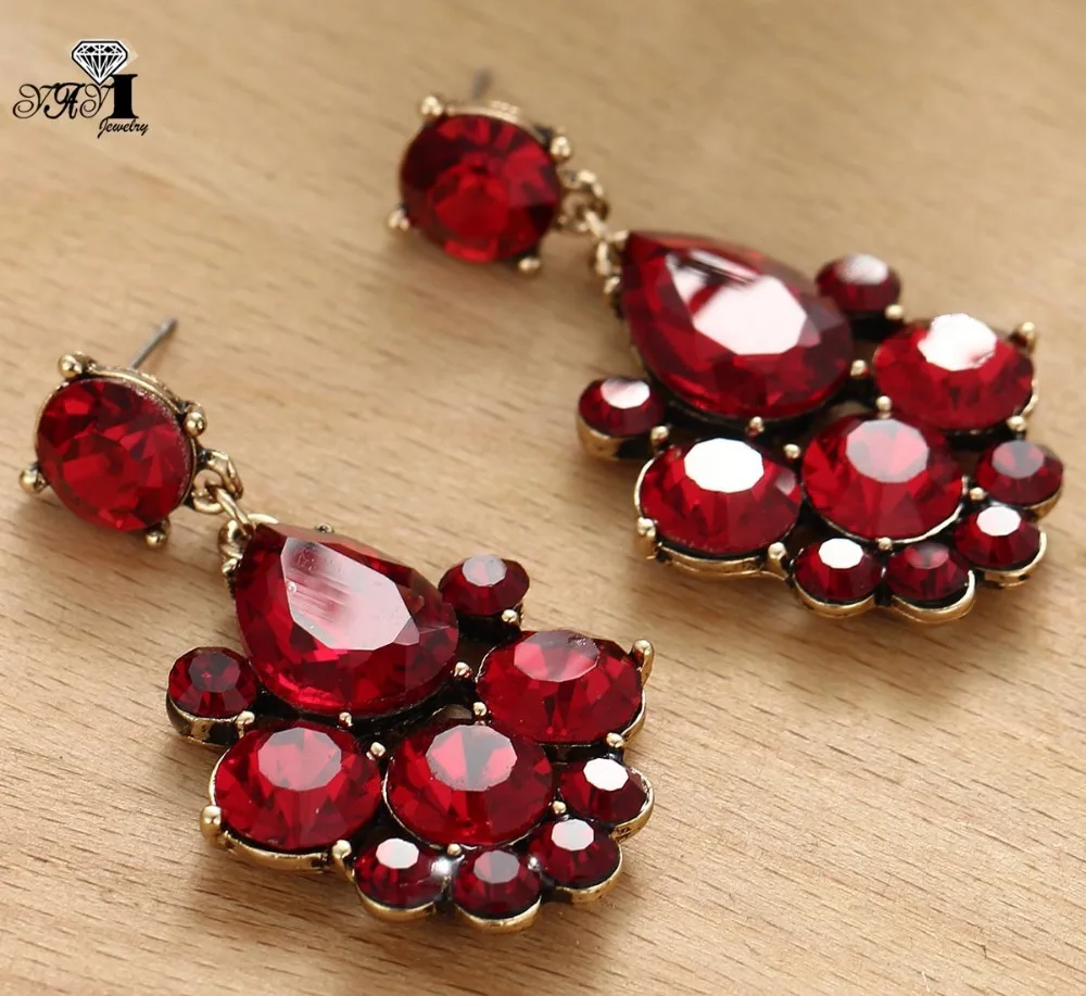 YaYi Jewelry New Red Glass Gray Rhinestone Dangle Crystal Earring Women's Fashion Ancient Gold Color Gem Earrings 1164