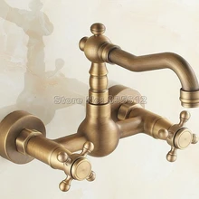 Античная латунь настенный кухонный кран/двойные крестообразные ручки перекидная сливная труба раковина и ванная раковина смеситель Wsf006